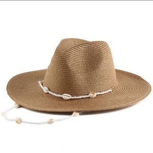 Stylish Tan Straw Hat with Shell Accents